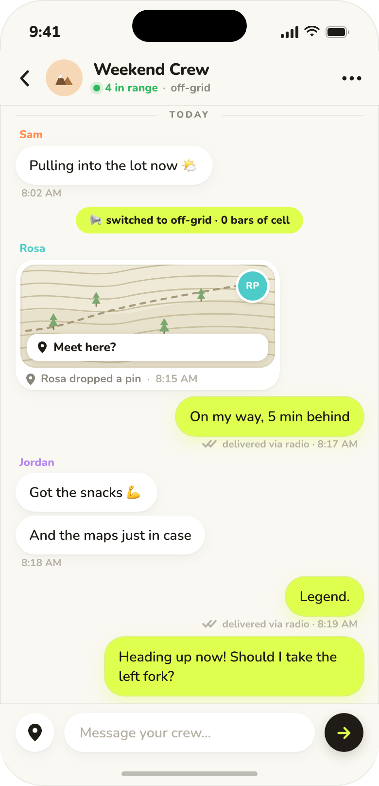 App design: a crew conversation where a message receipt reads delivered via radio, with a dropped pin marking a meeting spot.